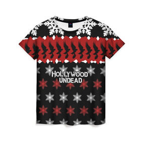 Женская футболка 3D с принтом Праздничный Hollywood Undead в городе Новоалтайск, 100% полиэфир ( синтетическое хлопкоподобное полотно) | прямой крой, круглый вырез горловины, длина до линии бедер | charlie scene | danny | funny man | hollywood | j dog | johnny 3 tears | undead | андед | голивуд | голливудская | группа | знак | кранккор | красный | метал | надпись | нежить | новогодний | новый год | ню | праздник | реп | рождество