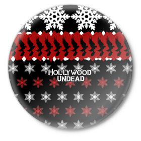 Значок с принтом Праздничный Hollywood Undead в городе Новоалтайск,  металл | круглая форма, металлическая застежка в виде булавки | charlie scene | danny | funny man | hollywood | j dog | johnny 3 tears | undead | андед | голивуд | голливудская | группа | знак | кранккор | красный | метал | надпись | нежить | новогодний | новый год | ню | праздник | реп | рождество
