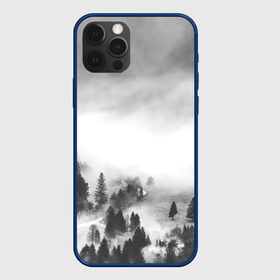 Чехол для iPhone 12 Pro с принтом Туманный лес в городе Новоалтайск, силикон | область печати: задняя сторона чехла, без боковых панелей | бор | деревья | дым | елки | лес | природа | туман | чб | черно белое