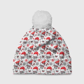 Шапка 3D c помпоном с принтом Skulls in Santa hat в городе Новоалтайск, 100% полиэстер | универсальный размер, печать по всей поверхности изделия | зима | новый год | подарок | рождество