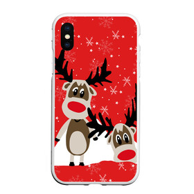 Чехол для iPhone XS Max матовый с принтом Олени в городе Новоалтайск, Силикон | Область печати: задняя сторона чехла, без боковых панелей | Тематика изображения на принте: animals | background | deer | mountains | red | snow | snowflakes | stars | winter | горы | животные | звезды | зима | красный фон | олени | снег | снежинки
