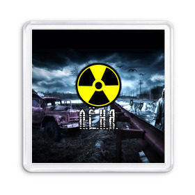 Магнит 55*55 с принтом S.T.A.L.K.E.R. - Л.Ё.Н.Я. в городе Новоалтайск, Пластик | Размер: 65*65 мм; Размер печати: 55*55 мм | stalker | волки | грузовик | имя | ленчик | леня | леонид | мрак | припять | птицы | радиация | сталкер | чернобыль