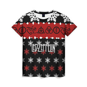 Женская футболка 3D с принтом Праздничный Led Zeppelin в городе Новоалтайск, 100% полиэфир ( синтетическое хлопкоподобное полотно) | прямой крой, круглый вырез горловины, длина до линии бедер | led zeppelin | блюз | группа | джимми пейдж | джон генри бонэм | джон пол джонс | знак | красный | лед зепелен | лед зеппелин | метал | надпись | новогодний | новый год | праздник | роберт плант | рождество