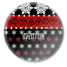 Значок с принтом Праздничный Led Zeppelin в городе Новоалтайск,  металл | круглая форма, металлическая застежка в виде булавки | Тематика изображения на принте: led zeppelin | блюз | группа | джимми пейдж | джон генри бонэм | джон пол джонс | знак | красный | лед зепелен | лед зеппелин | метал | надпись | новогодний | новый год | праздник | роберт плант | рождество
