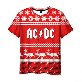 Мужская футболка 3D с принтом Праздничный AC/DC в городе Новоалтайск, 100% полиэфир | прямой крой, круглый вырез горловины, длина до линии бедер | Тематика изображения на принте: ac dc | acdc |   снежинки | ангус янг | ас дс | асдс | крис слэйд | новогодний | новый год | рождество | стиви янг | эксл роуз