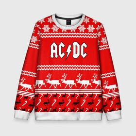 Детский свитшот 3D с принтом Праздничный AC/DC в городе Новоалтайск, 100% полиэстер | свободная посадка, прямой крой, мягкая тканевая резинка на рукавах и понизу свитшота | Тематика изображения на принте: ac dc | acdc |   снежинки | ангус янг | ас дс | асдс | крис слэйд | новогодний | новый год | рождество | стиви янг | эксл роуз