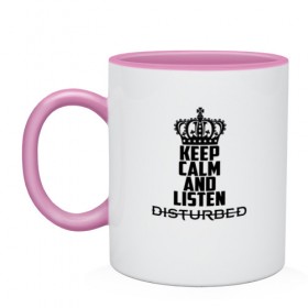 Кружка двухцветная с принтом Keep calm and listen Disturbed в городе Новоалтайск, керамика | объем — 330 мл, диаметр — 80 мм. Цветная ручка и кайма сверху, в некоторых цветах — вся внутренняя часть | disturbed | альтернативный | встревоженные | группа | джон мойер | дистербд | дистербед | дэвид дрейман | дэн дониган | майк венгрен | метал | монстр | ню | нюметал | рога | рок | хеви | хевиметал