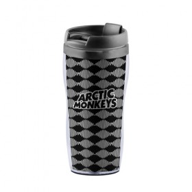 Термокружка-непроливайка с принтом Arctic Monkeys в городе Новоалтайск, внутренняя часть — пищевой пластик, наружная часть — прозрачный пластик, между ними — полиграфическая вставка с рисунком | объем — 350 мл, герметичная крышка | 