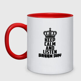 Кружка двухцветная с принтом Keep calm and listen Green Day в городе Новоалтайск, керамика | объем — 330 мл, диаметр — 80 мм. Цветная ручка и кайма сверху, в некоторых цветах — вся внутренняя часть | american idiot | green day | альтернативный | билли джо армстронг | грин дей | группа | зелёный день | майк дёрнт | музыка | надпись | панк | поп | поппанк | рок | тре кул