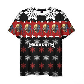 Мужская футболка 3D с принтом Праздничный Megadeth в городе Новоалтайск, 100% полиэфир | прямой крой, круглый вырез горловины, длина до линии бедер | me | megadeth | группа | дирк вербурен | дэвид эллефсон | дэйв мастейн | знак | кико лоурейро | красный | мегадет | метал | надпись | новогодний | новый год | праздник | рождество | рок | снежинки | трэш