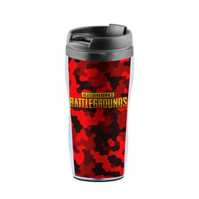 Термокружка-непроливайка с принтом PUBG Red Military в городе Новоалтайск, внутренняя часть — пищевой пластик, наружная часть — прозрачный пластик, между ними — полиграфическая вставка с рисунком | объем — 350 мл, герметичная крышка | Тематика изображения на принте: battle royal | playerunknowns battlegrounds | pubg | пабг | пубг