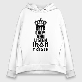 Женское худи Oversize хлопок с принтом Keep calm and listen IM в городе Новоалтайск, френч-терри — 70% хлопок, 30% полиэстер. Мягкий теплый начес внутри —100% хлопок | боковые карманы, эластичные манжеты и нижняя кромка, капюшон на магнитной кнопке | iron maiden | адриан смит | айрон мейден | гроза | группа | дэйв мюррей | железная дева | ирон майден | метал | мрачный | музыка | песни | рок | стив харрис | тяжелый | флаг | хеви | хевиметал