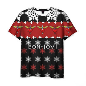 Мужская футболка 3D с принтом Праздничный Bon Jovi в городе Новоалтайск, 100% полиэфир | прямой крой, круглый вырез горловины, длина до линии бедер | bon | jovi | бон | группа | джови | новогодний | новый год | праздник | рождество | рок | снежинки