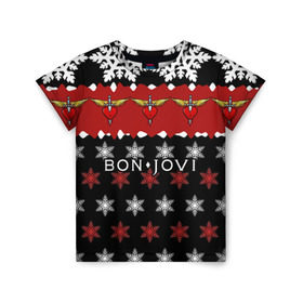 Детская футболка 3D с принтом Праздничный Bon Jovi в городе Новоалтайск, 100% гипоаллергенный полиэфир | прямой крой, круглый вырез горловины, длина до линии бедер, чуть спущенное плечо, ткань немного тянется | bon | jovi | бон | группа | джови | новогодний | новый год | праздник | рождество | рок | снежинки