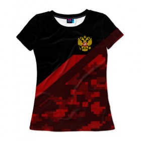 Женская футболка 3D с принтом RUSSIA - Black Collection в городе Новоалтайск, 100% полиэфир ( синтетическое хлопкоподобное полотно) | прямой крой, круглый вырез горловины, длина до линии бедер | russia | герб | россия