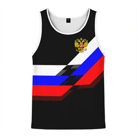 Мужская майка 3D с принтом RUSSIA - Black Collection в городе Новоалтайск, 100% полиэстер | круглая горловина, приталенный силуэт, длина до линии бедра. Пройма и горловина окантованы тонкой бейкой | Тематика изображения на принте: russia | герб | россия | триколор | флаг