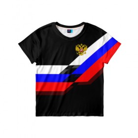 Детская футболка 3D с принтом RUSSIA - Black Collection в городе Новоалтайск, 100% гипоаллергенный полиэфир | прямой крой, круглый вырез горловины, длина до линии бедер, чуть спущенное плечо, ткань немного тянется | russia | герб | россия | триколор | флаг