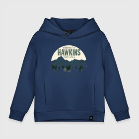 Детское худи Oversize хлопок с принтом Hawkins в городе Новоалтайск, френч-терри — 70% хлопок, 30% полиэстер. Мягкий теплый начес внутри —100% хлопок | боковые карманы, эластичные манжеты и нижняя кромка, капюшон на магнитной кнопке | Тематика изображения на принте: eggo | indiana | добро пожаловать | индиана | лучшие вафли в городе | хокинз | хокинс
