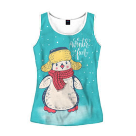 Женская майка 3D с принтом Пингвин в шарфе в городе Новоалтайск, 100% полиэстер | круглая горловина, прямой силуэт, длина до линии бедра | зима | новый год | пингвин | подарок | рождество