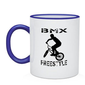 Кружка двухцветная с принтом BMX FreeStyle в городе Новоалтайск, керамика | объем — 330 мл, диаметр — 80 мм. Цветная ручка и кайма сверху, в некоторых цветах — вся внутренняя часть | Тематика изображения на принте: bmx | freestyle | велик | велосипед | трюки | экстрим