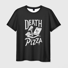Мужская футболка 3D с принтом Death By Pizza в городе Новоалтайск, 100% полиэфир | прямой крой, круглый вырез горловины, длина до линии бедер | рука | скелет | умереть от пицы