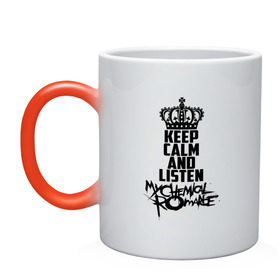 Кружка хамелеон с принтом Keep calm and listen MCR в городе Новоалтайск, керамика | меняет цвет при нагревании, емкость 330 мл | gerard way | mcr | my chemical romance | альтернативный | группа | джерард уэй | май кемикал романс | мкр | мой химический роман | мхр | мцр | панк | поп | поппанк | рок | рэй торо