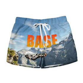 Женские шорты 3D с принтом base jumping в городе Новоалтайск, 100% полиэстер | прямой крой, два кармана без застежек по бокам. Мягкая трикотажная резинка на поясе, внутри которой широкие завязки. Длина до середины бедра | adrenaline | b.a.s.e. | base jumping | danger | extreme | freedom | height | jump | parachute | risk | skydive | адреналин | бейс | бейсджампинг | высота | парашют | прыжок | риск | свобода | экстрим