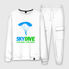 Мужской костюм хлопок с принтом skydive в городе Новоалтайск, 100% хлопок | на свитшоте круглая горловина, мягкая резинка по низу. Брюки заужены к низу, на них два вида карманов: два “обычных” по бокам и два объемных, с клапанами, расположенные ниже линии бедра. Брюки с мягкой трикотажной резинкой на поясе и по низу штанин. В поясе для дополнительного комфорта — широкие завязки | adrenaline | base jumping | extreme | jump | parachute | sky | skydive | адреналин | бейс | бейсджампинг | высота | небо | облака | парашют | полет | прыжок | риск | самолет | свобода | экстрим