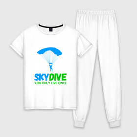Женская пижама хлопок с принтом skydive в городе Новоалтайск, 100% хлопок | брюки и футболка прямого кроя, без карманов, на брюках мягкая резинка на поясе и по низу штанин | adrenaline | base jumping | extreme | jump | parachute | sky | skydive | адреналин | бейс | бейсджампинг | высота | небо | облака | парашют | полет | прыжок | риск | самолет | свобода | экстрим