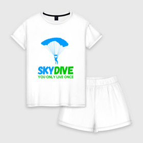 Женская пижама с шортиками хлопок с принтом skydive в городе Новоалтайск, 100% хлопок | футболка прямого кроя, шорты свободные с широкой мягкой резинкой | adrenaline | base jumping | extreme | jump | parachute | sky | skydive | адреналин | бейс | бейсджампинг | высота | небо | облака | парашют | полет | прыжок | риск | самолет | свобода | экстрим