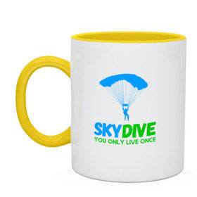 Кружка двухцветная с принтом skydive в городе Новоалтайск, керамика | объем — 330 мл, диаметр — 80 мм. Цветная ручка и кайма сверху, в некоторых цветах — вся внутренняя часть | adrenaline | base jumping | extreme | jump | parachute | sky | skydive | адреналин | бейс | бейсджампинг | высота | небо | облака | парашют | полет | прыжок | риск | самолет | свобода | экстрим
