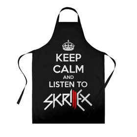 Фартук 3D с принтом Skrillex keep calm в городе Новоалтайск, 100% полиэстер | общий размер — 65 х 85 см, ширина нагрудника — 26 см, горловина — 53 см, длина завязок — 54 см, общий обхват в поясе — 173 см. Принт на завязках и на горловине наносится с двух сторон, на основной части фартука — только с внешней стороны | dub step | dubstep | keep calm | skrillex | даб степ | дабстеп | диджей | драм энд басс | скрилекс
