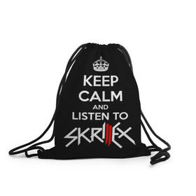 Рюкзак-мешок 3D с принтом Skrillex keep calm в городе Новоалтайск, 100% полиэстер | плотность ткани — 200 г/м2, размер — 35 х 45 см; лямки — толстые шнурки, застежка на шнуровке, без карманов и подкладки | dub step | dubstep | keep calm | skrillex | даб степ | дабстеп | диджей | драм энд басс | скрилекс