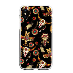 Чехол для iPhone XS Max матовый Индейский орнамент: в городе Новоалтайск, Силикон | Область печати: задняя сторона чехла, без боковых панелей | amulets | bulls | feathers | indian ornament | masks | owls | patterns | skulls | tambourines | амулеты | бубны | быки | индейский орнамент | маски | перья | совы | узоры | черепа