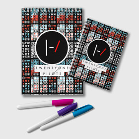 Блокнот с принтом Twenty One Pilots в городе Новоалтайск, 100% бумага | 48 листов, плотность листов — 60 г/м2, плотность картонной обложки — 250 г/м2. Листы скреплены удобной пружинной спиралью. Цвет линий — светло-серый
 | Тематика изображения на принте: 21 pilots | rock | twenty one pilots | группа | дуэт | звезды | известные | креативные | линии | логотип | модные | надписи | название | полосы.красный | рок | рок группа | текстура | эмблема | яркие