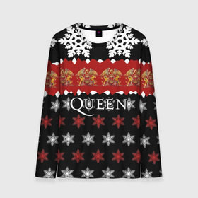 Мужской лонгслив 3D с принтом Праздничный Queen в городе Новоалтайск, 100% полиэстер | длинные рукава, круглый вырез горловины, полуприлегающий силуэт | paul rodg | queen | quen | брайан мэй | глэм | группа | джон дикон | знак | квин | королева | красный | куин | меркури | меркьюри | мэркури | надпись | новогодний | новый год | поп | праздник | роджер тейлор