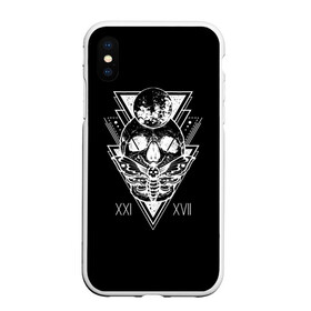 Чехол для iPhone XS Max матовый с принтом Череп ХХI-XVII на черном фоне в городе Новоалтайск, Силикон | Область печати: задняя сторона чехла, без боковых панелей | black  white | bones | figures | geometry | inscriptions | moon | moth | skull | tattoo | triangles | геометрия | кости | луна | мотылек | надписи | тату | треугольники | цифры | череп | черно белое