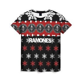 Женская футболка 3D с принтом Праздничный Ramones в городе Новоалтайск, 100% полиэфир ( синтетическое хлопкоподобное полотно) | прямой крой, круглый вырез горловины, длина до линии бедер | ramones | группа | джонни | джоуи | ди ди томми | знак | красный | марк | надпись | новогодний | новый год | панк | поп | праздник | раманес | раманэс | рамон | рамонес | рамонэс | рамоун | рамоунз | рамоунс