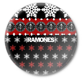 Значок с принтом Праздничный Ramones в городе Новоалтайск,  металл | круглая форма, металлическая застежка в виде булавки | ramones | группа | джонни | джоуи | ди ди томми | знак | красный | марк | надпись | новогодний | новый год | панк | поп | праздник | раманес | раманэс | рамон | рамонес | рамонэс | рамоун | рамоунз | рамоунс