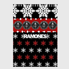 Скетчбук с принтом Праздничный Ramones в городе Новоалтайск, 100% бумага
 | 48 листов, плотность листов — 100 г/м2, плотность картонной обложки — 250 г/м2. Листы скреплены сверху удобной пружинной спиралью | ramones | группа | джонни | джоуи | ди ди томми | знак | красный | марк | надпись | новогодний | новый год | панк | поп | праздник | раманес | раманэс | рамон | рамонес | рамонэс | рамоун | рамоунз | рамоунс