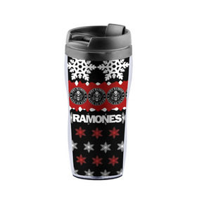 Термокружка-непроливайка с принтом Праздничный Ramones в городе Новоалтайск, внутренняя часть — пищевой пластик, наружная часть — прозрачный пластик, между ними — полиграфическая вставка с рисунком | объем — 350 мл, герметичная крышка | ramones | группа | джонни | джоуи | ди ди томми | знак | красный | марк | надпись | новогодний | новый год | панк | поп | праздник | раманес | раманэс | рамон | рамонес | рамонэс | рамоун | рамоунз | рамоунс