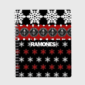 Тетрадь с принтом Праздничный Ramones в городе Новоалтайск, 100% бумага | 48 листов, плотность листов — 60 г/м2, плотность картонной обложки — 250 г/м2. Листы скреплены сбоку удобной пружинной спиралью. Уголки страниц и обложки скругленные. Цвет линий — светло-серый
 | ramones | группа | джонни | джоуи | ди ди томми | знак | красный | марк | надпись | новогодний | новый год | панк | поп | праздник | раманес | раманэс | рамон | рамонес | рамонэс | рамоун | рамоунз | рамоунс