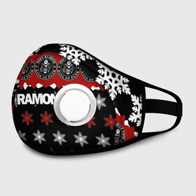 Маска из неопрена с принтом Праздничный Ramones в городе Новоалтайск, неопрен 100% | Форма огибающая нос. Резинки для ушей с дополнительной резинкой на затылке. Клапан для выдоха для активного дыхания при занятиях спортом. Эластичный материал маски и окантовки для лучшего растяжения и прилегания маски.  | ramones | группа | джонни | джоуи | ди ди томми | знак | красный | марк | надпись | новогодний | новый год | панк | поп | праздник | раманес | раманэс | рамон | рамонес | рамонэс | рамоун | рамоунз | рамоунс
