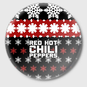 Значок с принтом Праздничный RHCP в городе Новоалтайск,  металл | круглая форма, металлическая застежка в виде булавки | Тематика изображения на принте: red hot chili peppers | rhcp | альтернативный | группа | джош клингхоффер | знак | красные острые перцы чили | красный | метал | надпись | новогодний | новый год | праздник | ред хот ч | рождество | рок | рхчп | рэп