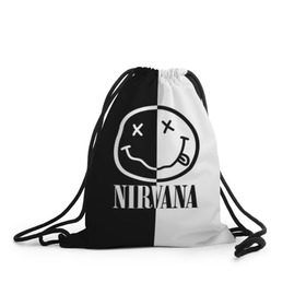 Рюкзак-мешок 3D с принтом Nirvana в городе Новоалтайск, 100% полиэстер | плотность ткани — 200 г/м2, размер — 35 х 45 см; лямки — толстые шнурки, застежка на шнуровке, без карманов и подкладки | Тематика изображения на принте: cobain | kurt | nirvana | альтернативный | гранж | грол | группа | дональд | кобейн | курт | музыка | музыкант | надпись | нервана | нирвана | новоселич | певец | рок | смайл | смайлик | солист | язык