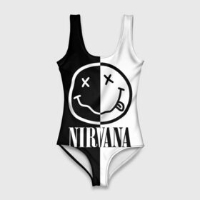 Купальник-боди 3D с принтом Nirvana в городе Новоалтайск, 82% полиэстер, 18% эластан | Круглая горловина, круглый вырез на спине | Тематика изображения на принте: cobain | kurt | nirvana | альтернативный | гранж | грол | группа | дональд | кобейн | курт | музыка | музыкант | надпись | нервана | нирвана | новоселич | певец | рок | смайл | смайлик | солист | язык