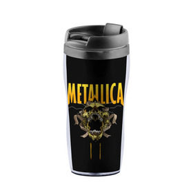 Термокружка-непроливайка с принтом Metallica в городе Новоалтайск, внутренняя часть — пищевой пластик, наружная часть — прозрачный пластик, между ними — полиграфическая вставка с рисунком | объем — 350 мл, герметичная крышка | Тематика изображения на принте: 
