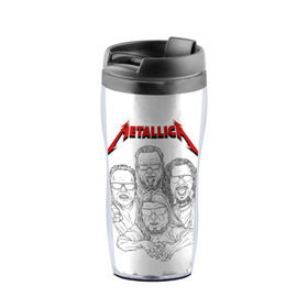 Термокружка-непроливайка с принтом Metallica в городе Новоалтайск, внутренняя часть — пищевой пластик, наружная часть — прозрачный пластик, между ними — полиграфическая вставка с рисунком | объем — 350 мл, герметичная крышка | Тематика изображения на принте: 