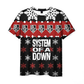 Мужская футболка 3D с принтом Праздничный System of a Down в городе Новоалтайск, 100% полиэфир | прямой крой, круглый вырез горловины, длина до линии бедер | soad | soil | system of a down | группа | дав | дарон малакян | джон долмаян | знак | красный | надпись | новогодний | новый год | оф | праздник | рождество | рок | серж танкян | систем | снежинки | соад | сод | соэд