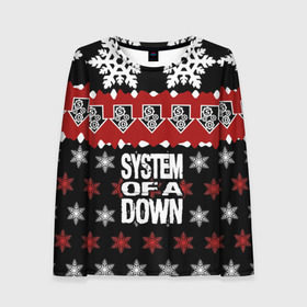 Женский лонгслив 3D с принтом Праздничный System of a Down в городе Новоалтайск, 100% полиэстер | длинные рукава, круглый вырез горловины, полуприлегающий силуэт | soad | soil | system of a down | группа | дав | дарон малакян | джон долмаян | знак | красный | надпись | новогодний | новый год | оф | праздник | рождество | рок | серж танкян | систем | снежинки | соад | сод | соэд